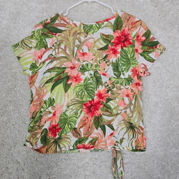 J Jill Love Linen Tie Side Top Large Petite Floral Tropical Short Sleeve Resort - Picture 7 of 10